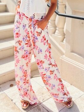 Z Supply Resort flowy wide leg floral pull-on pants comfy beach vacation sz M